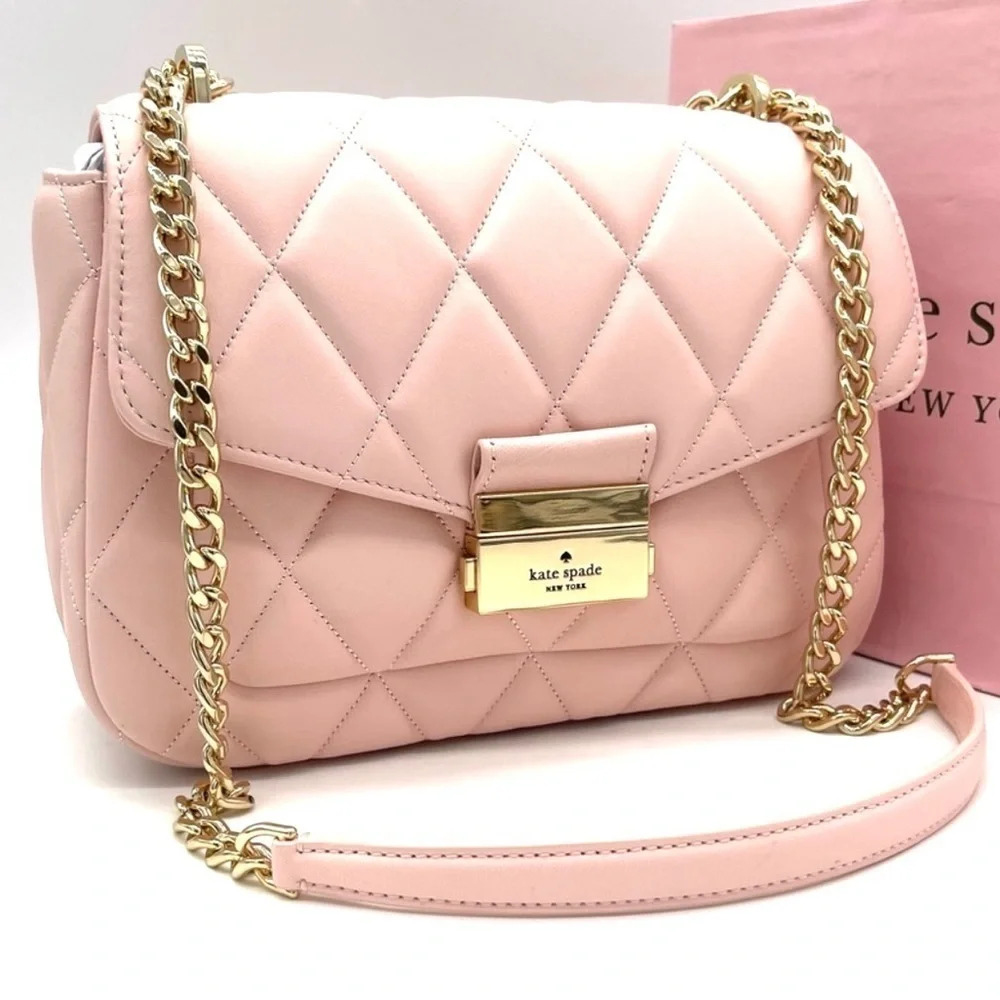 Kate Spade Carey Small Quilted Flap Shoulder Crossbody Bag Light Pink/Gold - Picture 4 of 11